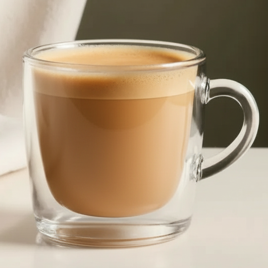 Clear glass mug with Cafe au Lauit drink on a neutral background