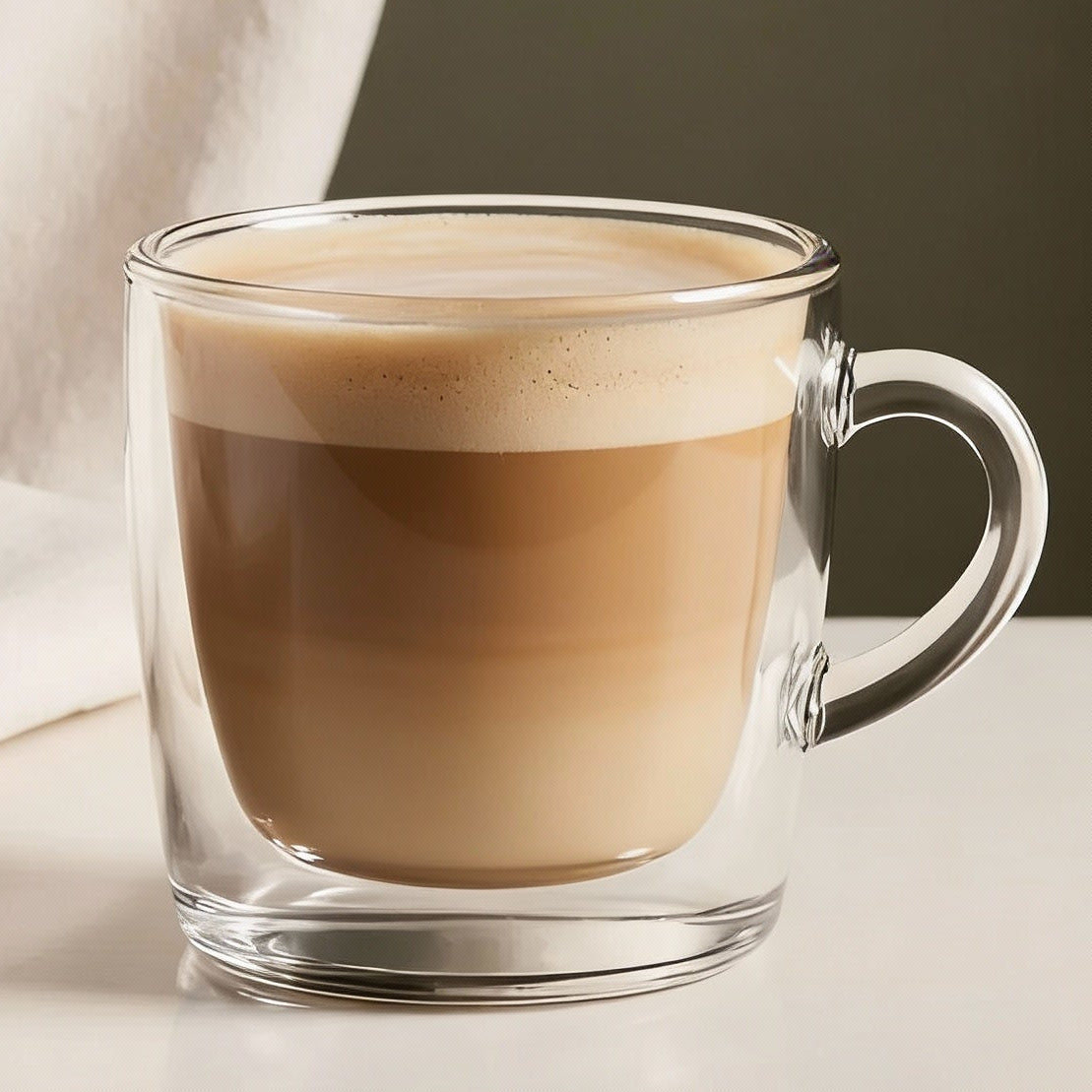 Clear glass mug with a layered cappuccino on a neutral background