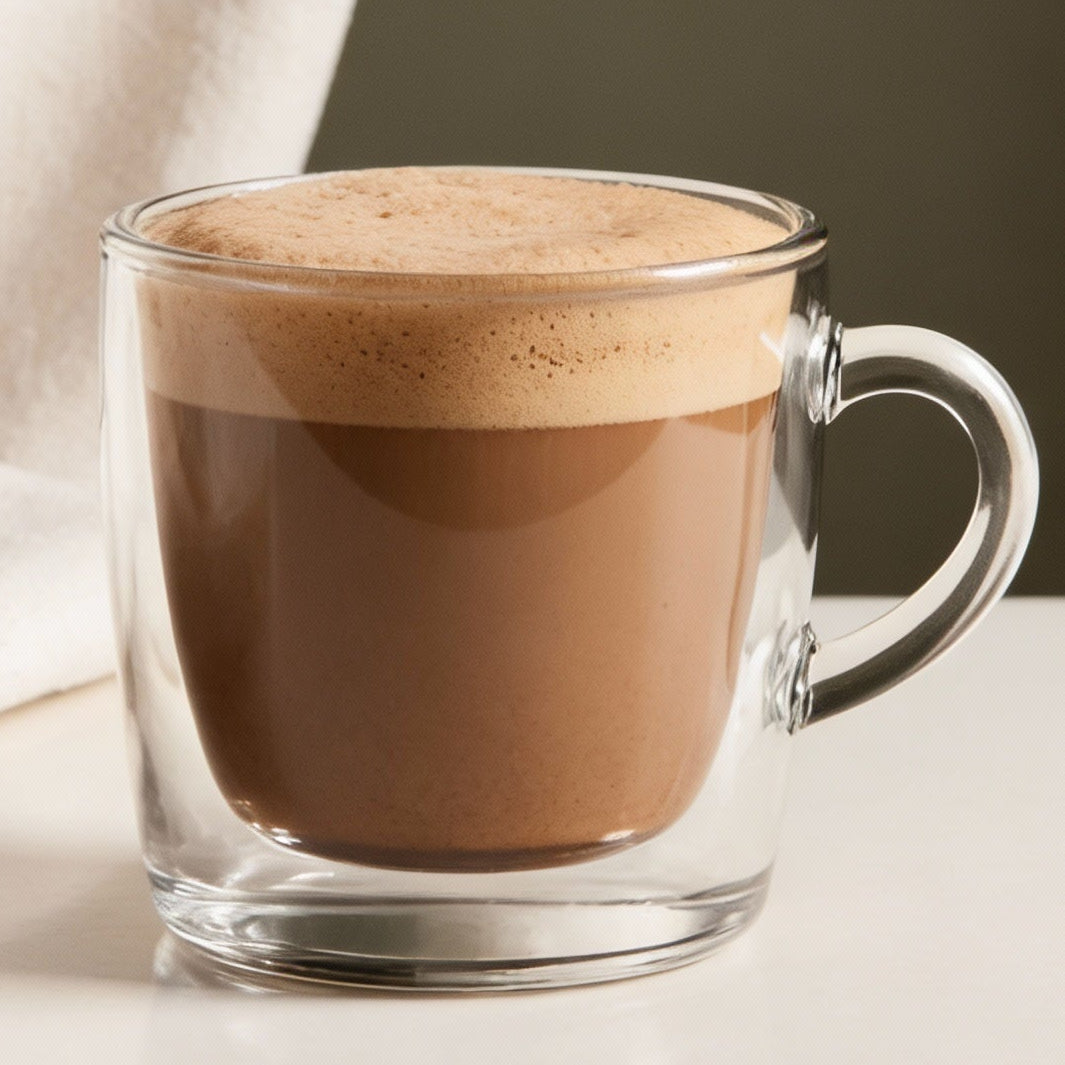 Glass mug with a mocha coffee drink on a neutral background